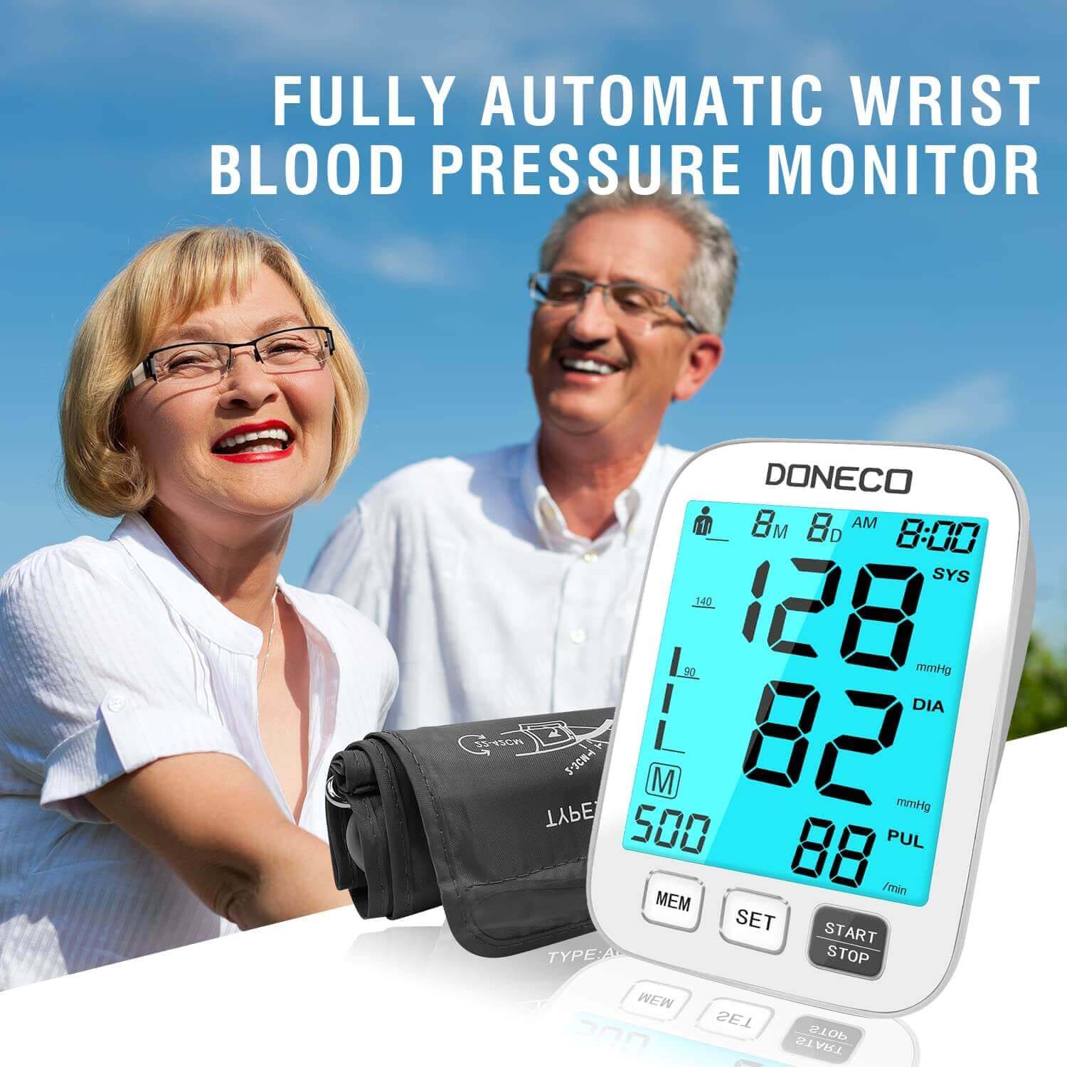 DONECO Blood Pressure Monitor Upper Arm Automatic Digital BP Monitor Adjustable Large Cuff Backlit Display 2x500 Memory Includes Batteries Monitoring Meter for Home Use - fully automatic wrist blood pressure monitor