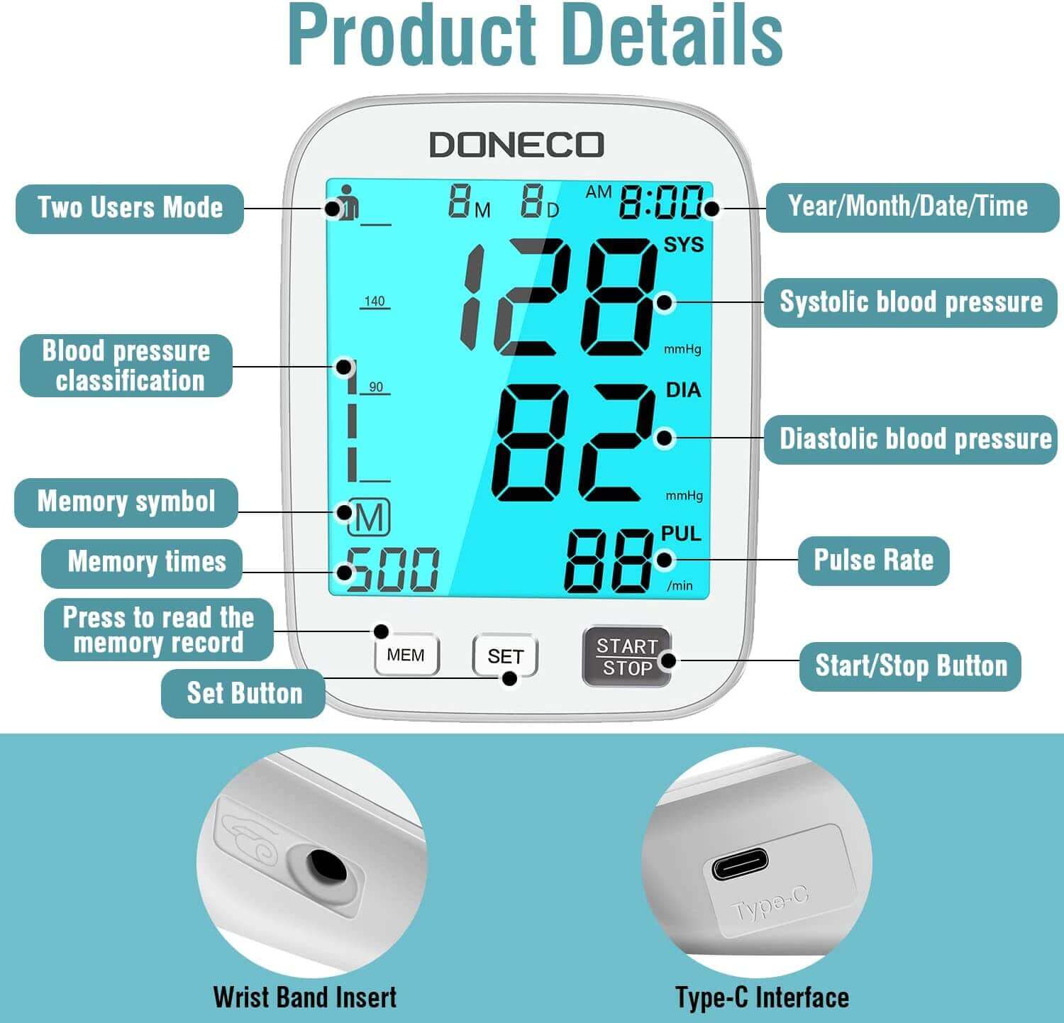 Blood Pressure Monitor Upper Arm Automatic Digital BP Monitor Adjustable Large Cuff Backlit Display