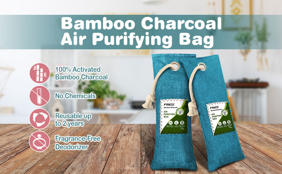 FRIEQ 12 Pack 100% Activated Bamboo Charcoal Air Purifying Bag | Lasts 365+ Days | Charcoal Bags Odor Absorber for Car, Home, Closet, Pet, Shoe - bamboo charcoal air purifying bag