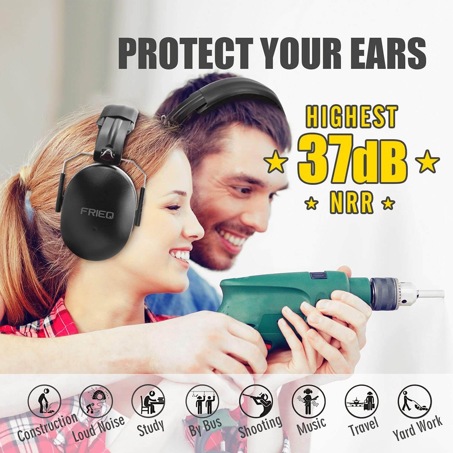 FRiEQ 37 dB NRR Sound Technology Safety Ear Muffs with LRPu Foam for Shooting, Music & Yard Work - Large & Small