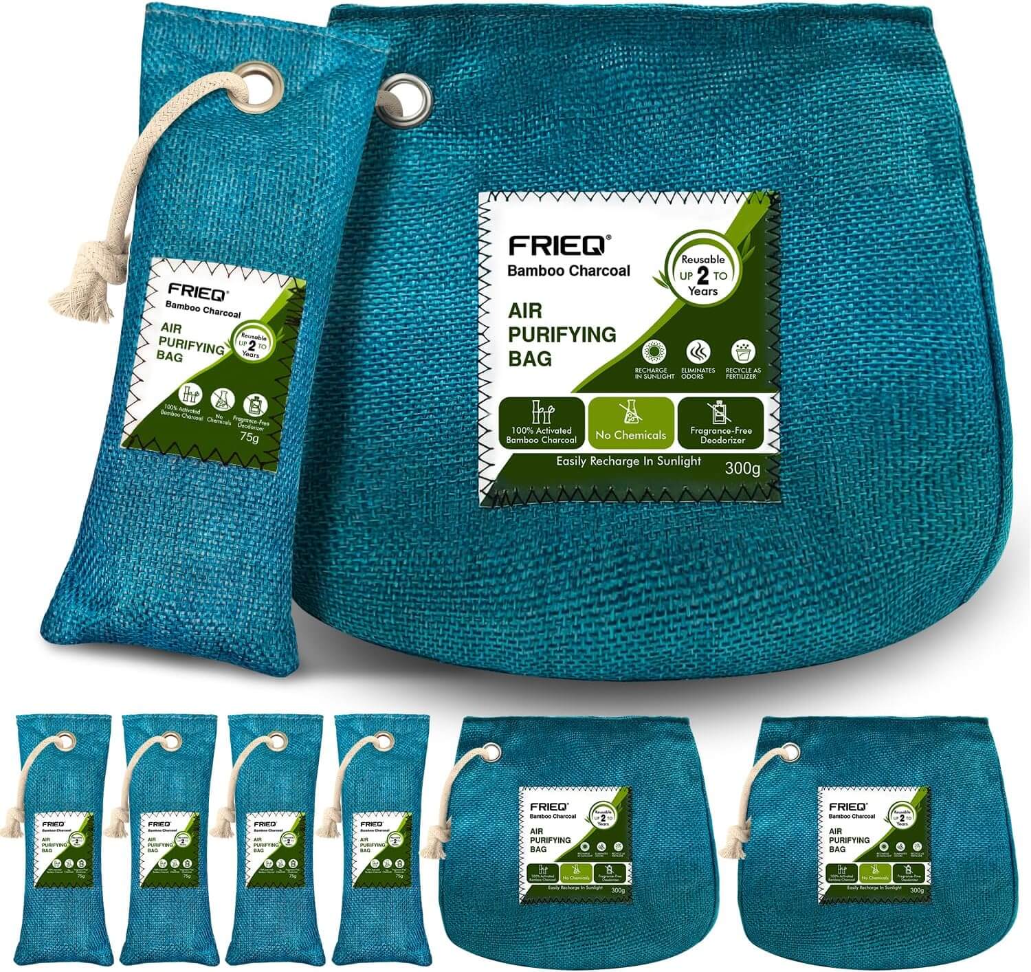FRIEQ 6 Pack 100% Activated Bamboo Charcoal Air Purifying Bag | Lasts 365+ Days | Charcoal Bags Odor Absorber for Car, Home, Closet, Pet, Shoe