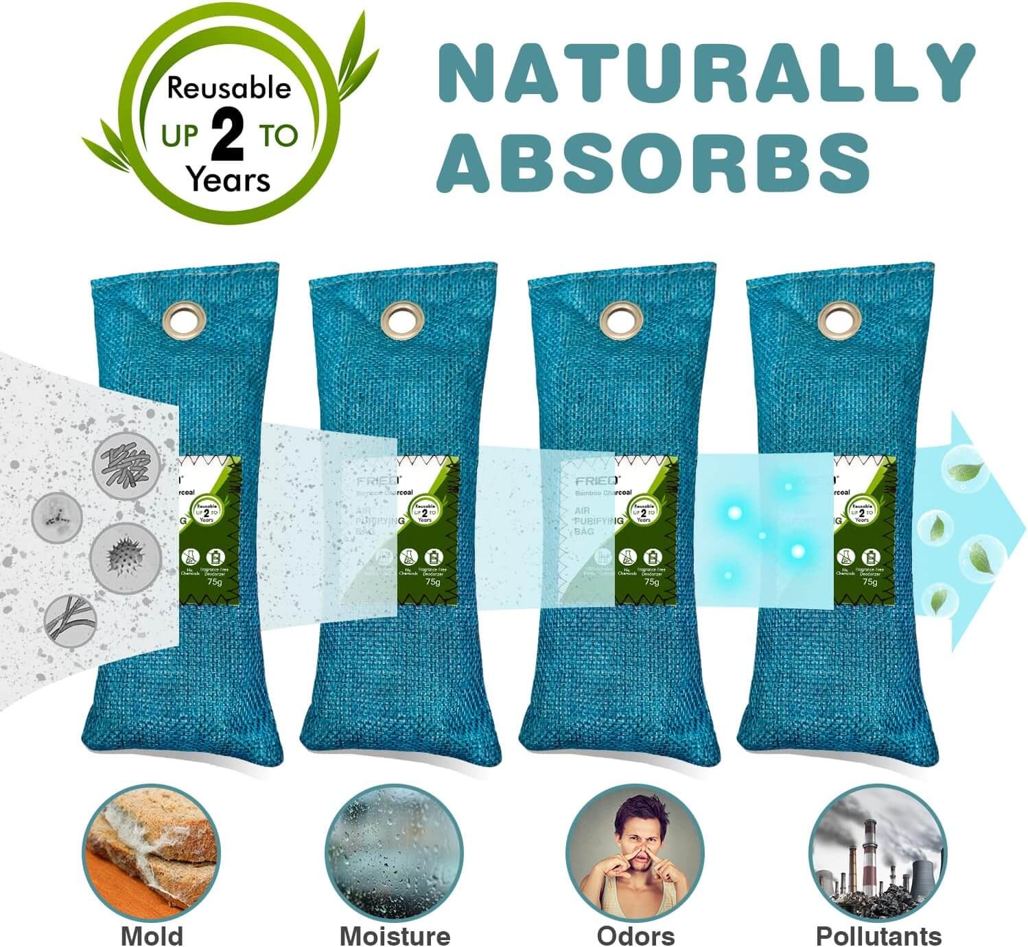 FRIEQ 6 Pack 100% Activated Bamboo Charcoal Air Purifying Bag | Lasts 365+ Days | Charcoal Bags Odor Absorber for Car, Home, Closet, Pet, Shoe - Naturally Absorbs