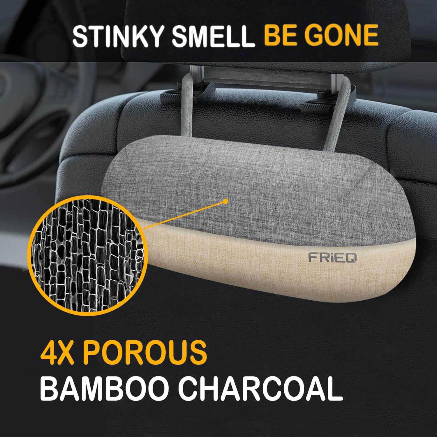 FRiEQ Car Air Freshener, 100% Activated Bamboo Charcoal Air Purifying Bag | Lasts 365+ Days | Fragrance-Free Deodorizer - Absorb Smoke Smell and Bad Odors（2 Pack） - 4X Porous Bamboo Charcoal