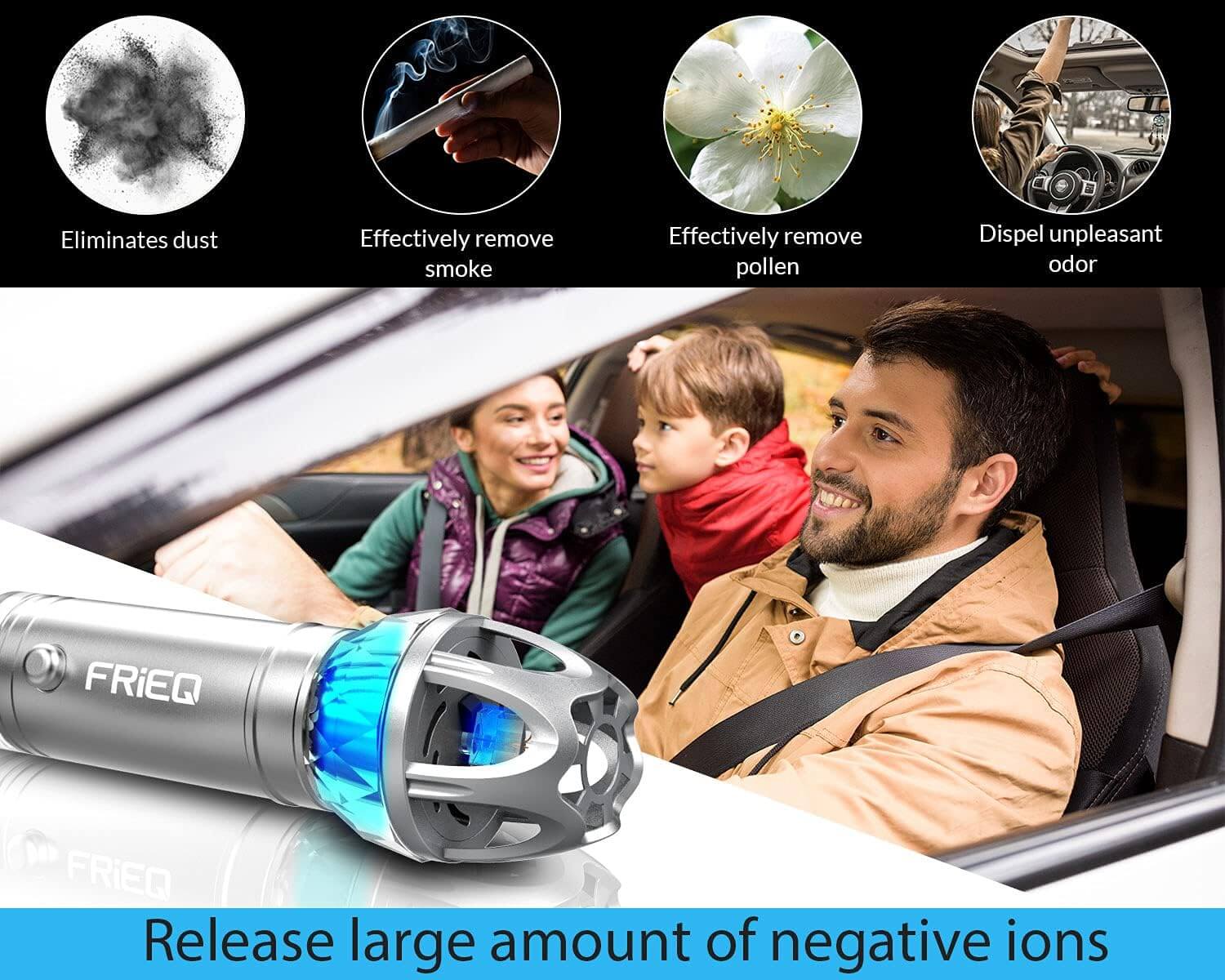 FRiEQ Car Air Purifier, Car Air Freshener and Ionic Air Purifier | Remove Dust, Pollen, Smoke and Bad Odors - Available for Your Auto or RV - Release large amount of negative ions